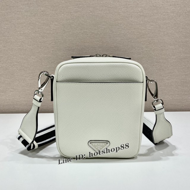 Prada專櫃新款刺繡織帶男斜跨包 2VH154 普拉達白色Saffiano皮革男包 csp1093